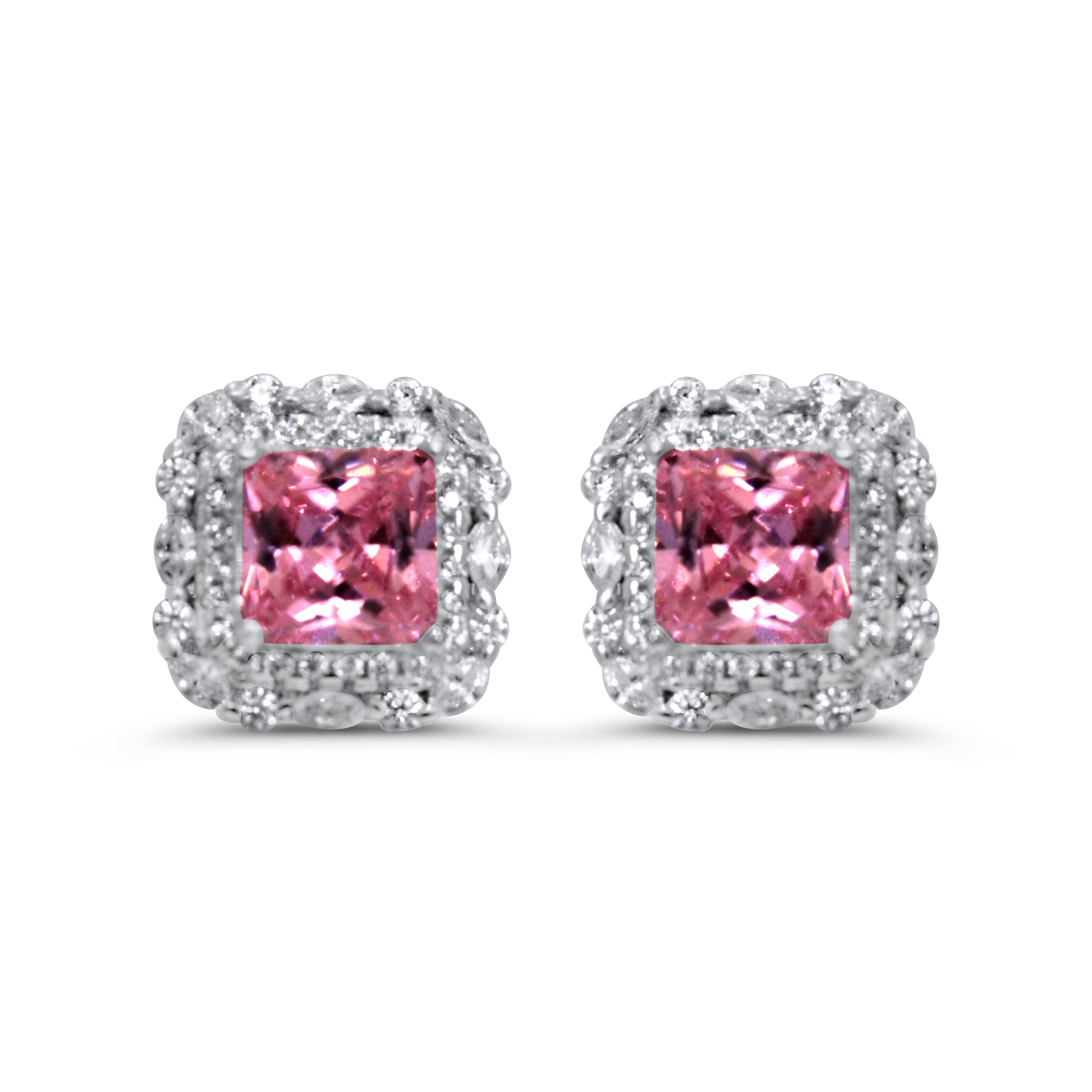 Floral Radiant Cut Pink Sterling Earrings