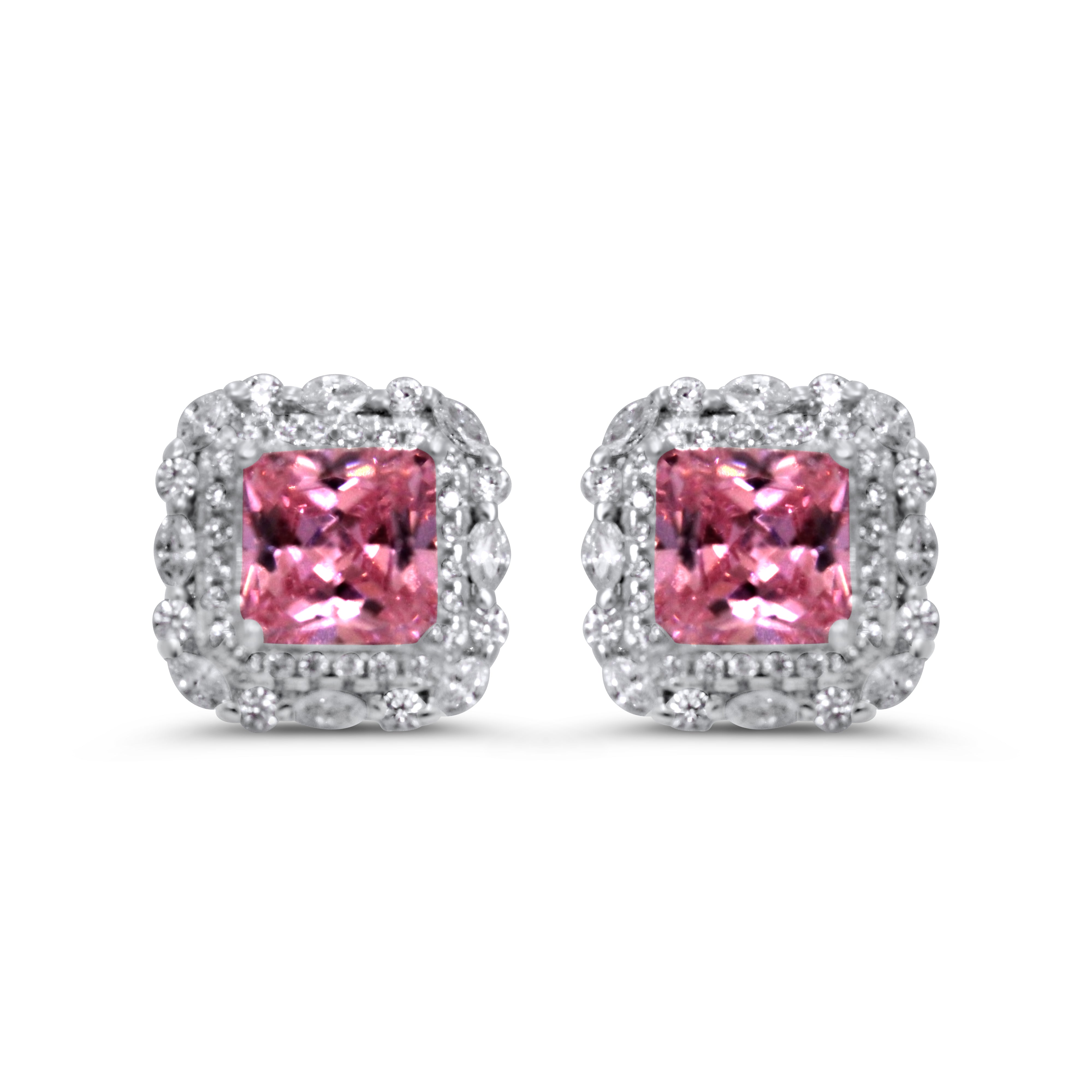 Floral Radiant Cut Pink Sterling Earrings